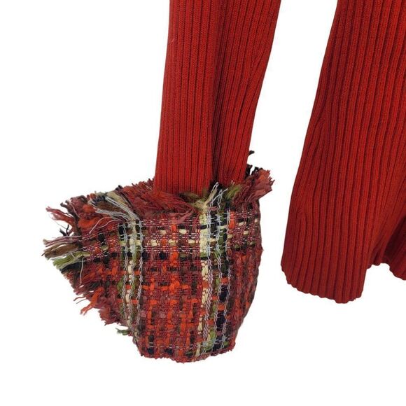 My Favorite Things Red Ribbed Silk Cardigan Jacket L Plaid Tweed Collar Cuffs - Picture 10 of 15